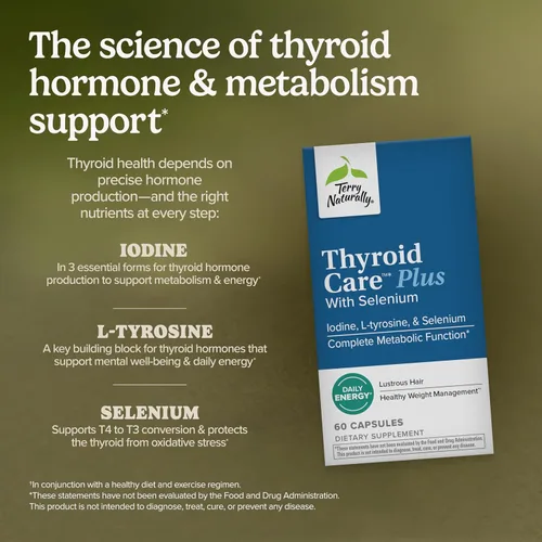 Vista 3 de Terry Naturally Thyroid Care Plus - Yodo + L-tirosina, 60 cápsulas - Suplemento de apoyo tiroideo con selenio, promueve la energía y el metabolismo
