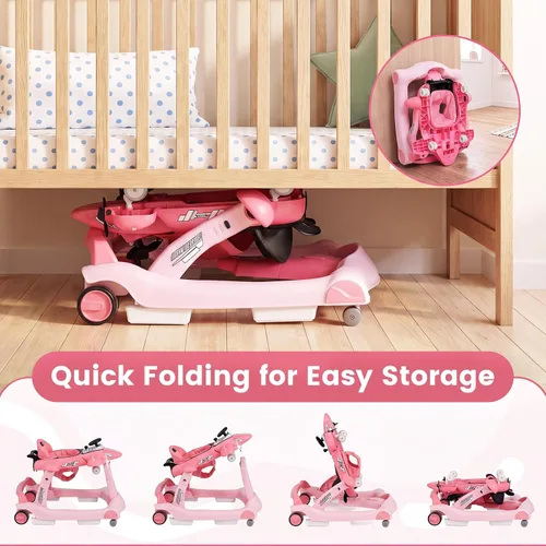 Vista 7 de BABY JOY Andador de bebé 6 en 1 con ruedas, caminador de actividad plegable Rosa