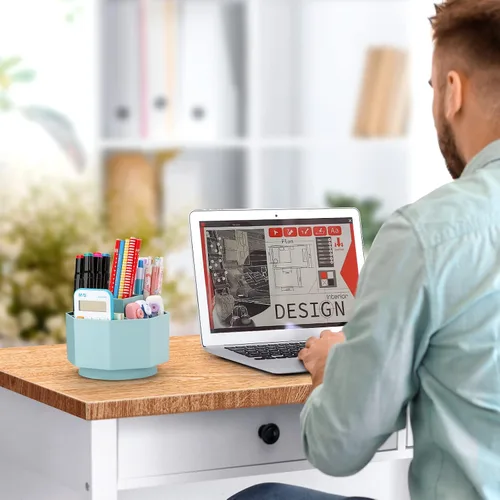 Vista 3 de LETURE Organizador de escritorio, soporte para lápices giratorio de 360 grados, 5 compartimentos, organizador de escritorio estacionario, caja