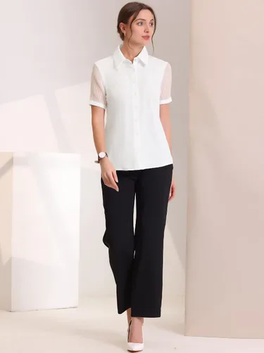 Vista 4 de Allegra K Camisa de trabajo con botones para mujer, manga corta, cuello de punto