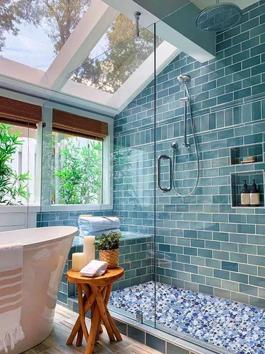Vista 4 de Parrotile Azulejos Azules de Guijarros para Piso de Ducha, Mosaico para Salpicadero de Baño, Azulejos de Pared (5 Hojas)
