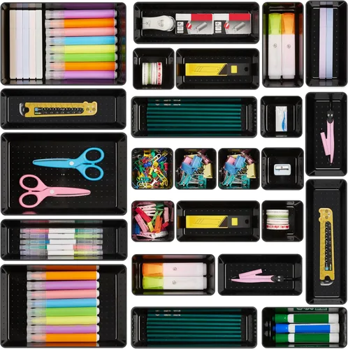 Vista 24 de Vtopmart - Juego de 25 organizadores de cajones de plástico, 4 tamaños versátiles, charolas organizadoras de cajones para baño y tocador, Blanco