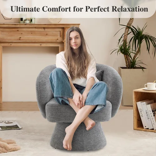 Vista 4 de Silla giratoria de 360°, moderna silla de barril de terciopelo con almohada, sofá individual tapizado para sala de estar, dormitorio, oficina. Gris
