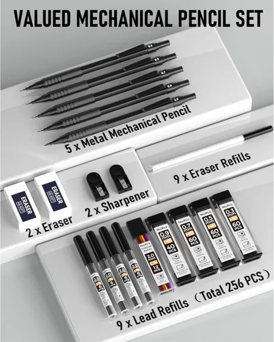 Vista 7 de Nicpro Black Art - Juego de 5 lápices de dibujo de metal de 0.3, 0.5, 0.7, 0.035 in y 0.079 in, soporte de plomo de grafito para dibujar y dibujar