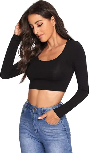 Vista 3 de Verdusa Camiseta corta de manga larga con cuello redondo para mujer