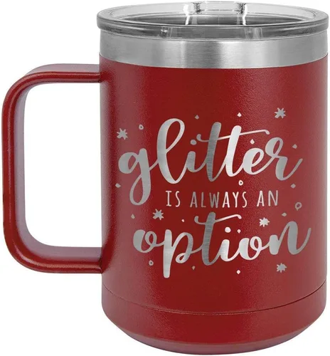 Vista 15 de GLITTER IS SIEMPRE UNA OPCIÓN Negro Taza de café de 15 oz con tapa deslizante Taza de café de viaje con aislamiento Ideas de regalos