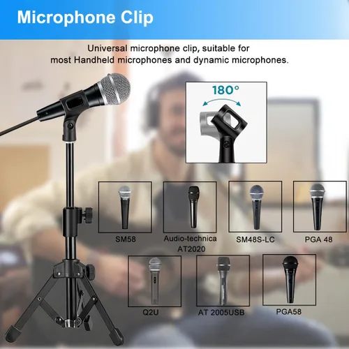 Vista 7 de Soporte de micrófono, trípode de micrófono de mesa, soporte de micrófono de escritorio con altura ajustable, soporte de micrófono pequeño