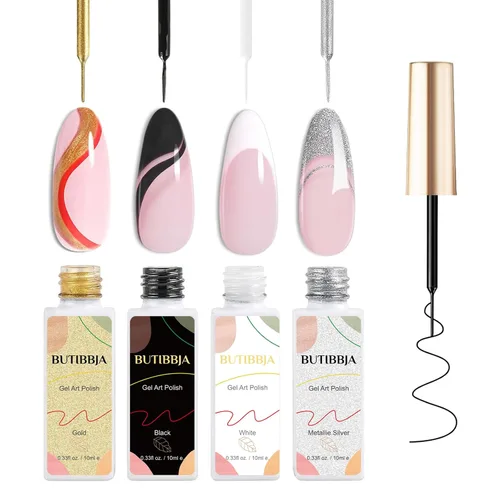 Vista 7 de Juego de 4 esmaltes de gel para arte de uñas, color amarillo, rosa, azul, morado, con pincel fino para arte de uñas en botella, uso con lámpara LED