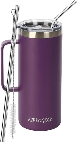 Vista 10 de Ezprogear Taza de café de acero inoxidable de 32 onzas con aislamiento y asa, tapa (32 onzas, taza rosa clavel) Vaso aislante, con asa, con tapa