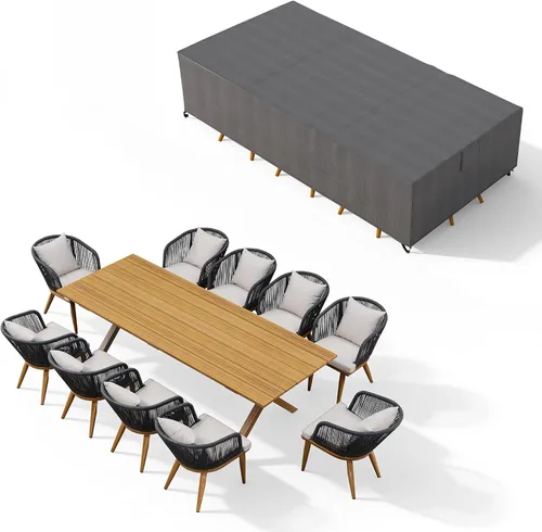 Vista 45 de PURPLE LEAF Juego de muebles para patio de 7 piezas, juego de mesa y sillas de mimbre para exteriores, marco rectangular de aluminio para jardín