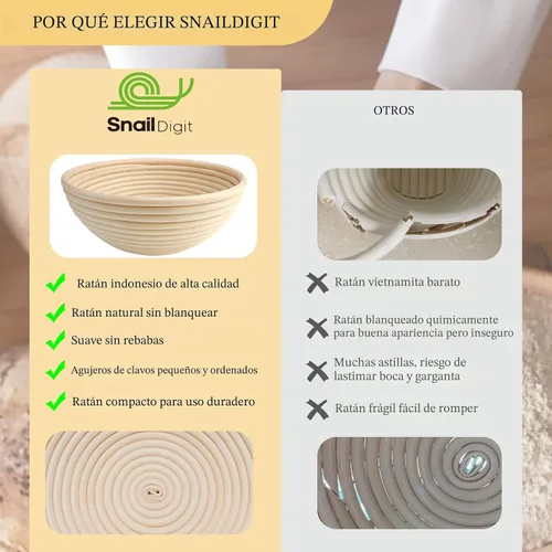 Vista 3 de Cesta de prueba de pan Banneton: 2 piezas de 21.6 cm de diámetro cestas redondas de ratán con forros para pan artesanal de masa madre, ideal
