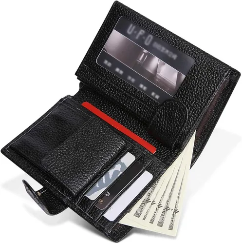 Vista 2 de Billetera vertical de tres pliegues de cuero hecha a mano vintage para mujer, con bloqueo RFID, pequeña cartera para tarjetas múltiples, Negro