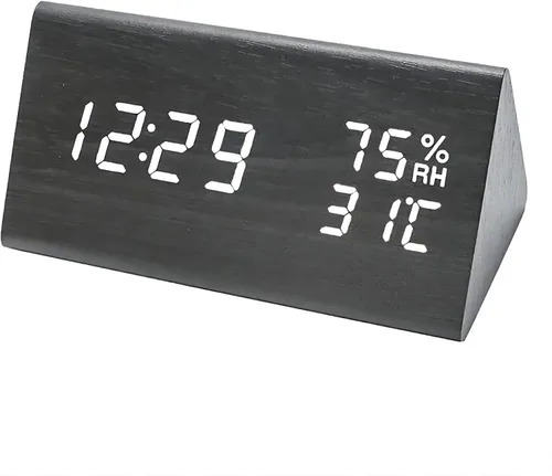 Vista 7 de Reloj despertador digital, LED electrónico de madera, pantalla de fecha de hora, detección de temperatura y humedad, 3 ajustes de alarma, brillo