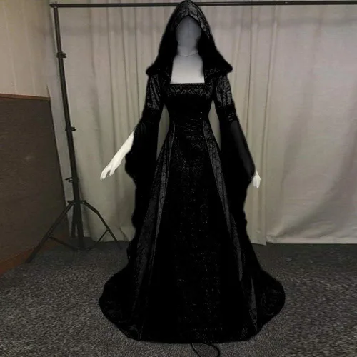 Vista 2 de ZEFOTIM Vestido renacentista para mujer, manga largamurciélago, corsés hasta el suelo con capucha, vestido gótico, cosplay
