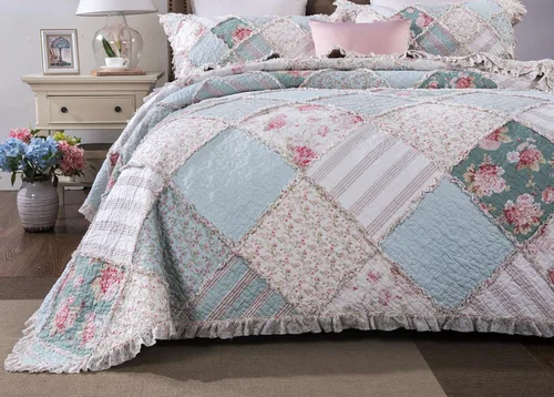 Vista 4 de DaDa Bedding - Juego de colcha de algodón con diseño de retazos florales campestres con un toque de menta, acolchada, con volantes multicolor pastel