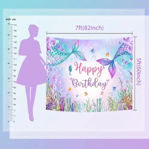 Vista 6 de Mocsicka Telón de fondo de cumpleaños de sirena de 7 x 5 pies, decoración de fantasía bajo el mar, decoración para niñas, fondo de fotografía