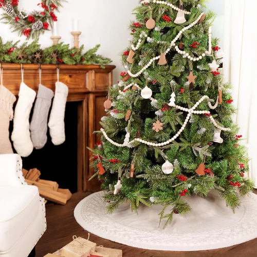 Vista 4 de Falda de árbol de Navidad de 60 pulgadas: falda de árbol grande para árbol de 9 pies, falda de árbol blanco crema de punto con borde de diamante