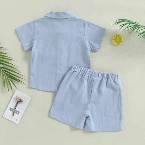 Vista 3 de DNOMAID YZARC Conjunto de 2 piezas de ropa de verano para bebé niño y niña, algodón sólido, lino, manga corta, con botones, pantalones cortos