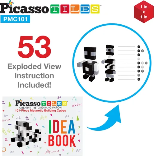 Vista 9 de PicassoTiles Cubo magnético de rompecabezas de 60 piezas + 101 piezas, juego de bloques de construcción con imán en blanco y negro, ideabook gratis