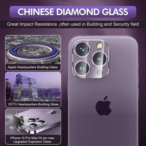 Vista 4 de Protector de lente de cámara trasera trasera de vidrio templado para iPhone 14 Pro Max, iPhone 15 Pro Max - Protector de cobertura completa