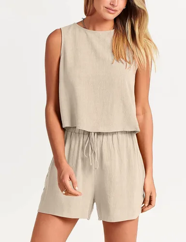 Vista 5 de GIVNUAN Conjunto de 2 piezas de lino con cuello cuadrado para mujer, conjunto de pantalones cortos a juego para la playa, verano 2023 a la moda