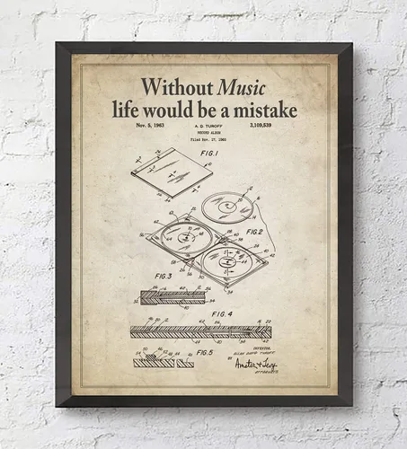 Vista 5 de Impresiones artísticas de pared de música retro con eslóganes, juego de 4, sin marco, 8 pistas vintage, casete de cinta, registro, regalo de patente