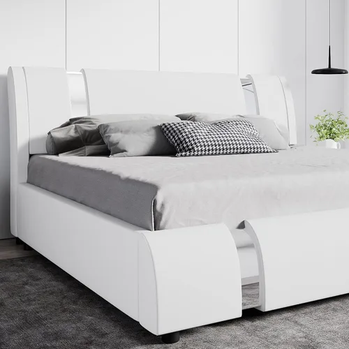 Vista 9 de SHA CERLIN Marco de Cama Queen Moderno de Cuero Sintético con Cabecera Ajustable y Detalles de Hierro, Cama Plataforma Tapizada de Lujo con Soporte