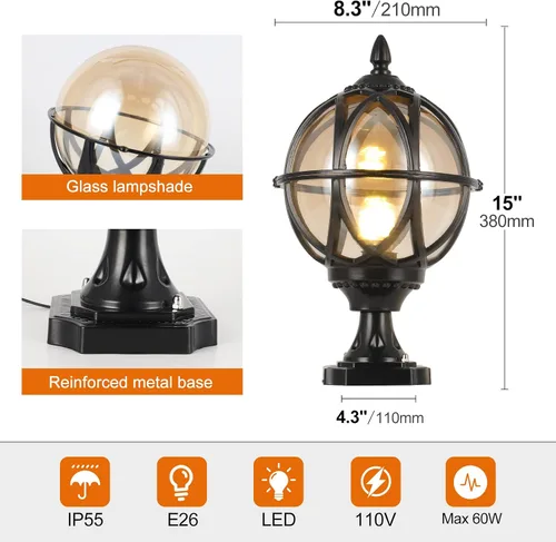 Vista 5 de Lámpara de poste para exteriores, base E26 de 60 W máx. Luces de columna con carcasa de aluminio negro más vidrio ámbar IP55 impermeable linterna