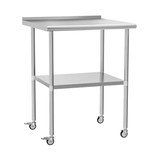 Vista 13 de Mesa de acero inoxidable con ruedas de 24 x 30 pulgadas, mesa de trabajo utilitaria con estante inferior ajustable para cocina comercial, garaje