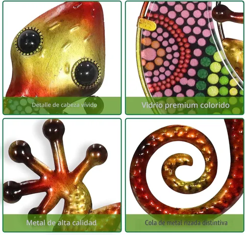 Vista 3 de HONGLAND Arte de pared de Gecko de metal, 2 unidades de lagarto de 15 pulgadas, decoración para exteriores, escultura de vidrio colgante, decoración