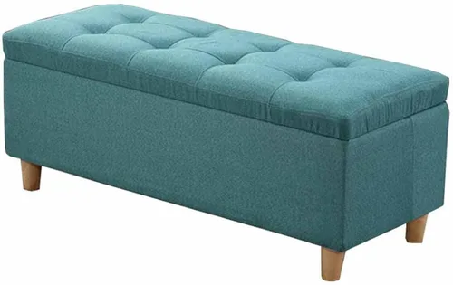 Vista 12 de Caja de almacenamiento plegable otomana rectangular con barra de metal, tela de lino de algodón transpirable, cojín grueso para dormitorio, taburete