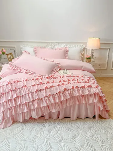 Vista 8 de MOOWOO Ropa de cama para niñas – Funda de edredón con volantes en cascada – 2 piezas Shabby Chic Color sólido suave y transpirable con cierre de Rosa