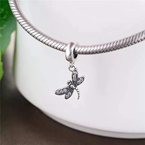Vista 3 de Encantos colgantes de libélula brillante de plata de ley 925 para pulsera europea, Plata esterlina, plateado