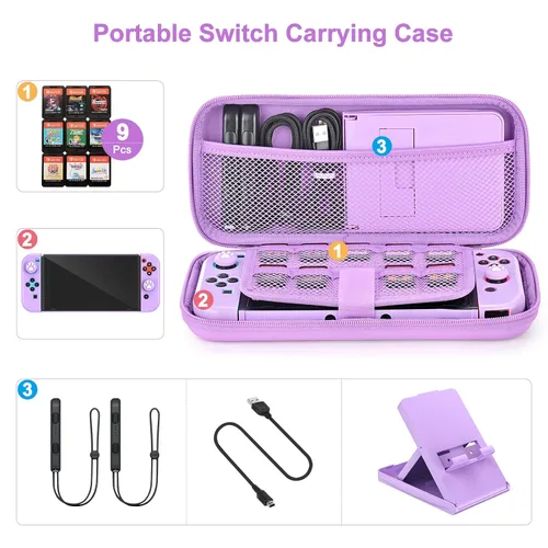 Vista 2 de Younik Switch Accessories Bundle, 17 in 1 Purple Switch Accessories Kit for Girls Include Switch Carrying Case, Adjustable Stand, Protective Case