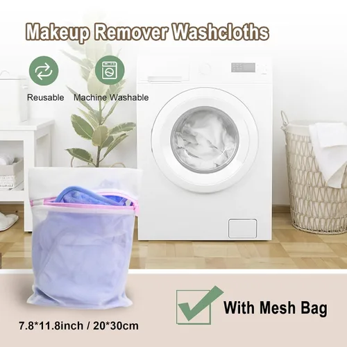 Vista 4 de KODAMO Paño removedor de maquillaje, almohadillas removedoras de maquillaje reutilizables, lavables con bolsa de malla, paños de microfibra