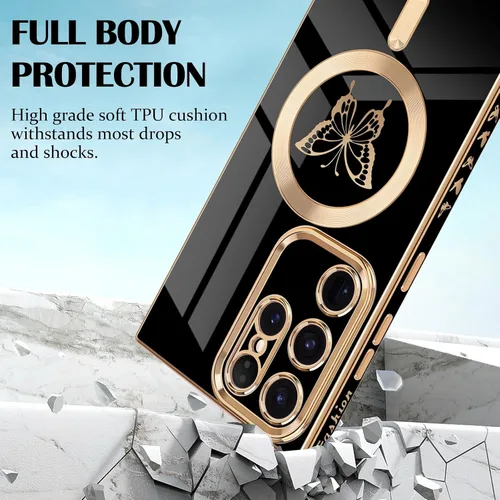 Vista 3 de Funda magnética para Samsung Galaxy S23 Ultra 5G, bonita funda de lujo con borde chapado de mariposa para mujeres, niñas y hombres, TPU suave, a