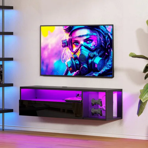 Vista 2 de SogesPower Soporte flotante para TV montado en la pared con luces, soporte de TV LED, centro de entretenimiento flotante con almacenamiento