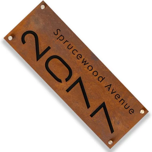 Vista 7 de Placa de números de casa de hierro oxidado con dirección, números de casa modernos para exterior, placa de dirección, señal de dirección