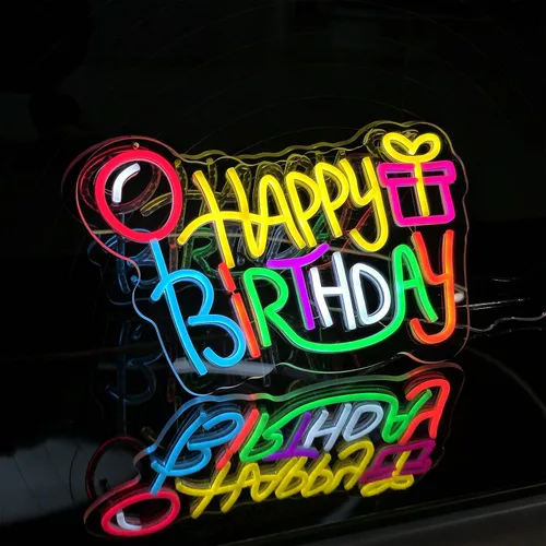Vista 4 de Letrero de neón de feliz cumpleaños, luces LED alimentadas por USB, decoración de pared para fiesta de cumpleaños con bonito diseño, fácil
