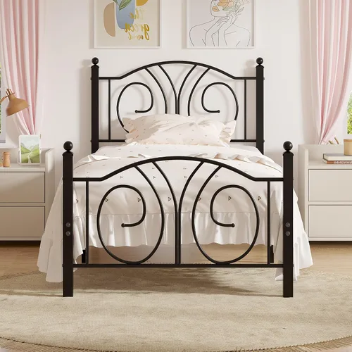 Vista 16 de VECELO - Marco de cama con dosel doble, cabecera vintage con voluta, color negro mate Twin canopy bed frame, Scrollwork metal headboard, Sturdy