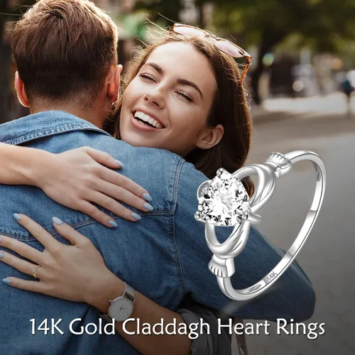 Vista 11 de ELFRONT Anillo de corazón de Claddagh irlandés de oro macizo de 14 quilates, joyería celta con moissanita para mujer, lealtad, promesa, compromiso