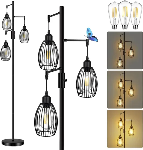 Vista 9 de LTBLIGHT Lámparas de pie para sala de estar, lámpara de pie industrial de árbol de 68 pulgadas con 3 bombillas Edison vintage regulables, luz de pie