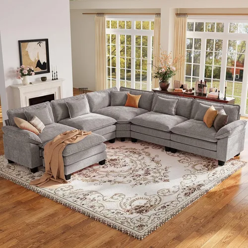 Vista 46 de Sofá modular de gran tamaño de 154 pulgadas, cómodo sofá en forma de U con 3 otomanas móviles, sofá moderno de felpilla de 7 plazas para sala