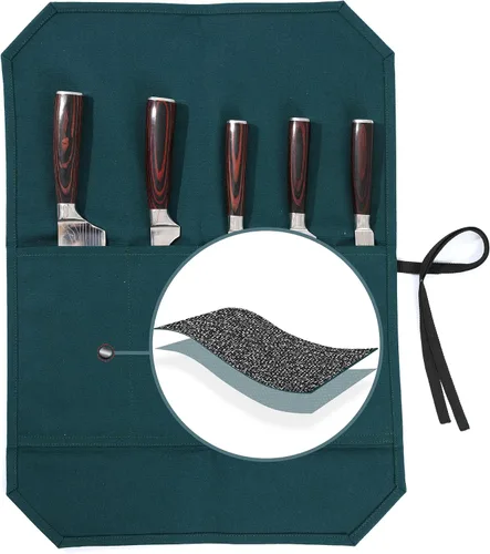 Vista 12 de Bolsa para cuchillos de chef, rollo para cuchillos con 4 ranuras, forro de tela especializado resistente a cortes, lona encerada resistente de 16