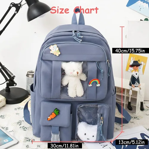Vista 6 de Juego de 5 mochilas kawaii para niñas con bonitos accesorios de oso, suministros escolares, bolsas para bolígrafos, bolsa de hombro, azul (03-Blue)