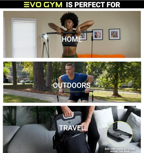 Vista 2 de EVO Gym - Equipo portátil de entrenamiento de fuerza para gimnasio en casa, gimnasio en casa, gimnasio todo en uno, bandas de resistencia, base