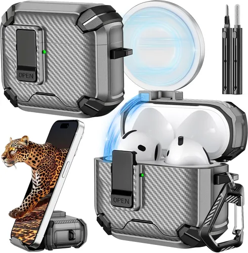 Vista 20 de Inesore Funda para AirPods Pro 1ª/2ª con bloqueo seguro (verde oscuro) Cubierta magnética de bloqueo automático con soporte para teléfono y kit