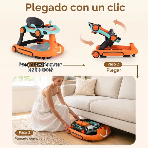 Vista 7 de INFANS - Andador plegable 9 en 1 con asa, toldo para el sol, color naranja