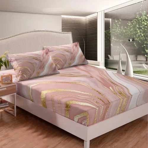 Vista 4 de Erosebridal Juego de sábanas de mármol rosa dorado para niños y niñas, juego de sábanas de mármol metálico, sábanas con textura de mármol degradado