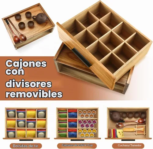 Vista 4 de Organizador de bolsas de té de madera de acacia con cajón, caja